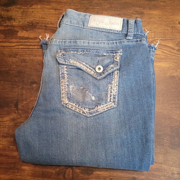 Ariya Jeans 14 Flare Thick Stitch Button Flap Prado Raw Hem Low Rise Western - Picture 3 of 12